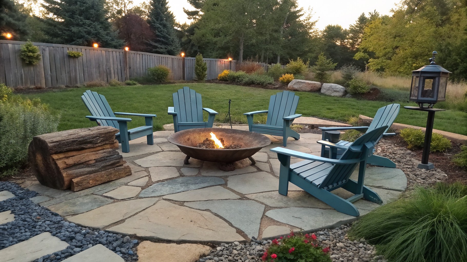A backyard stone patio features a round metal fire pit with teal Adirondack chairs arranged around it, string lights overhead, and open fields in the background.