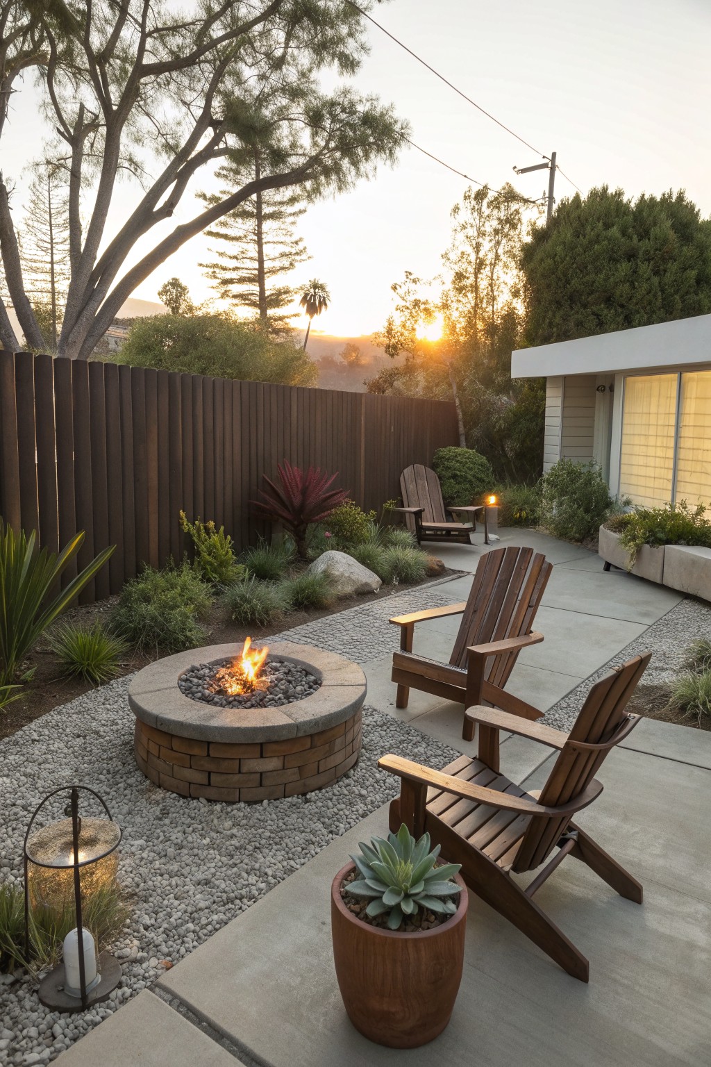 A backyard patio shows a round brick and stone fire pit on gravel with several wooden Adirondack chairs arranged nearby on concrete.