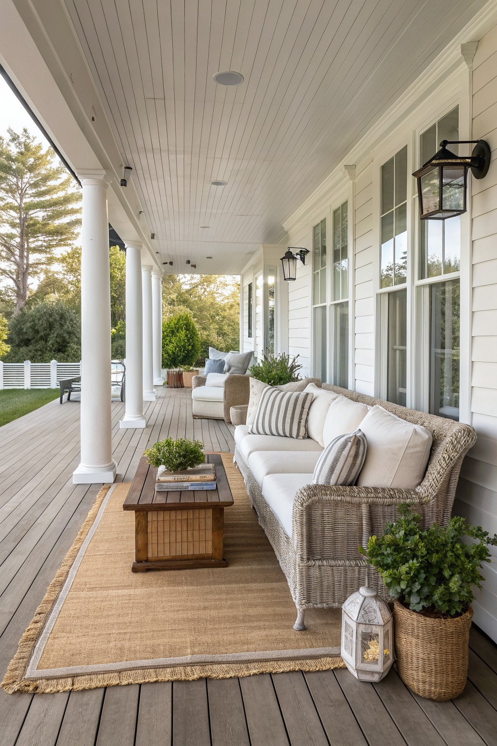 Wicker sofa with white cushions on wooden porch with coffee table and rug.