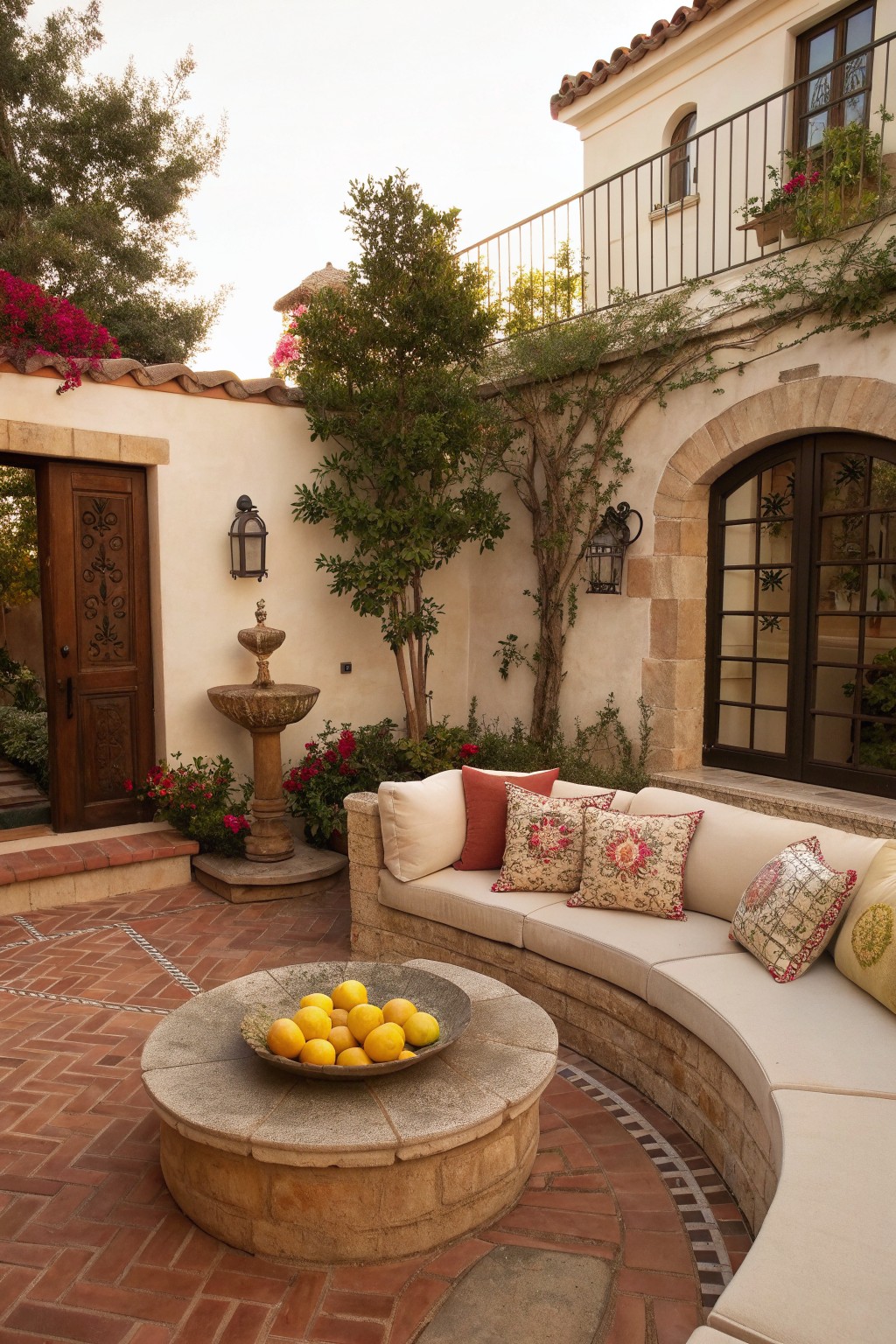 A curved built-in sectional sofa with cushions wraps around a brick patio next to a round stone fire pit holding a bowl of lemons.