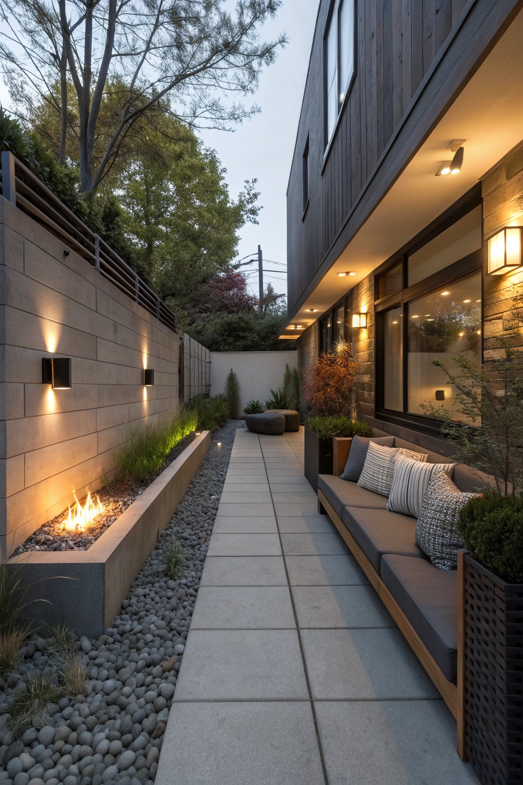 Modern courtyard at dusk with fire pit, pebble beds, concrete path, and cushioned bench.
