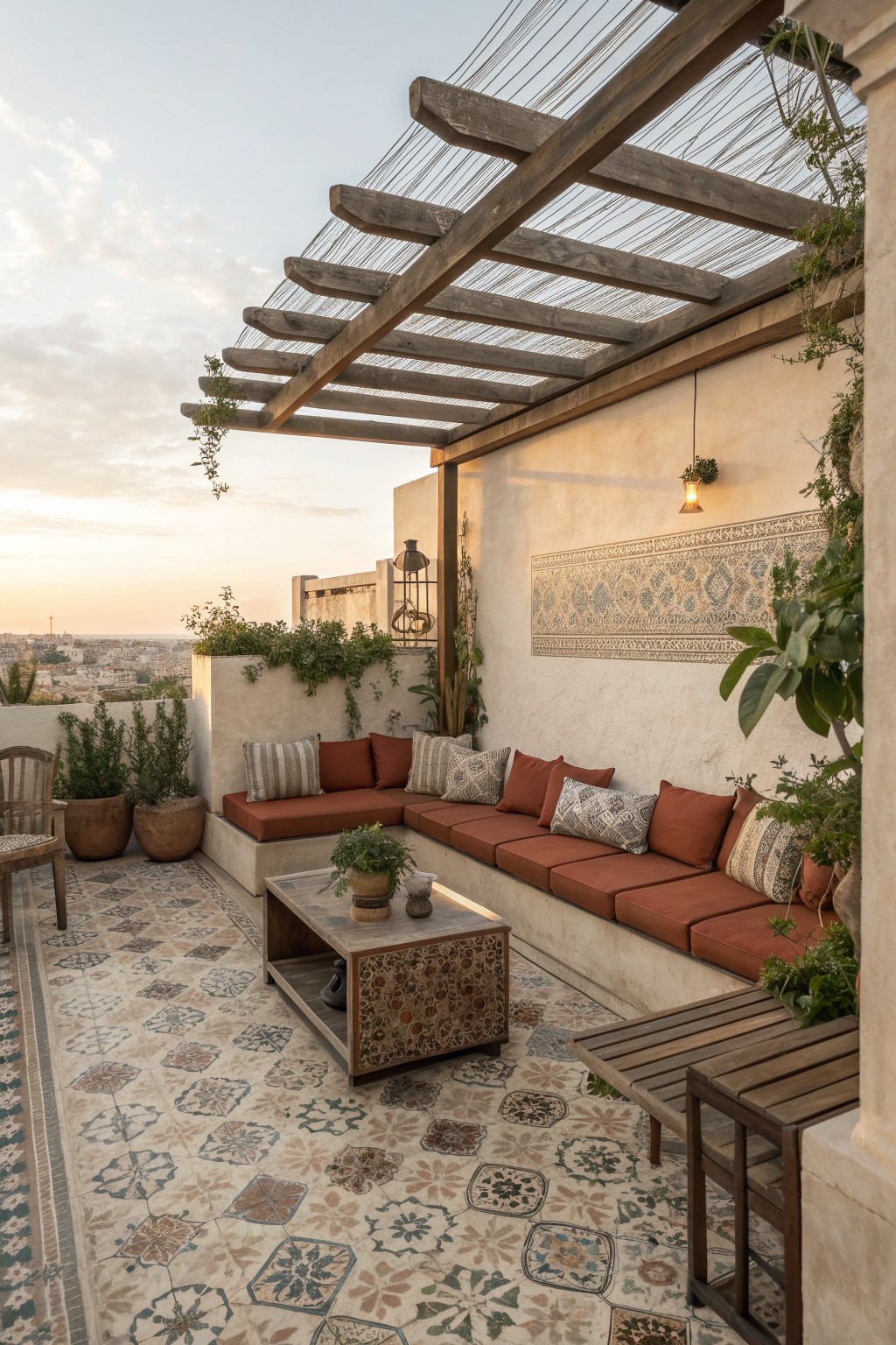 A rooftop terrace features a built-in L-shaped sectional sofa with terracotta cushions and patterned pillows beneath a wooden pergola, with tiled flooring and potted plants.