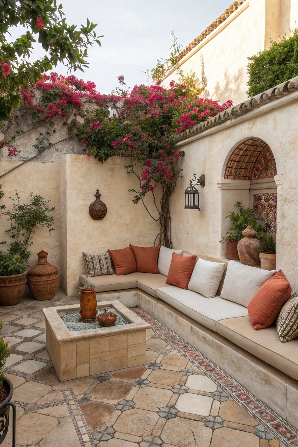 An outdoor courtyard with an L-shaped sectional sofa in beige cushions and terracotta pillows arranged around a square stone fountain, bougainvillea on the walls, and potted plants on a tiled patio.