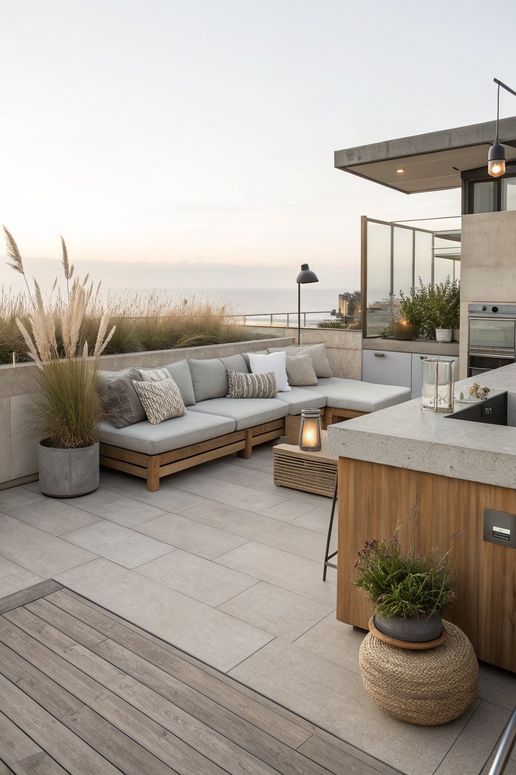 An L-shaped outdoor sectional sofa with a wooden base and gray cushions sits on a large tiled terrace beside a concrete and wood outdoor kitchen counter, with the ocean visible in the background.