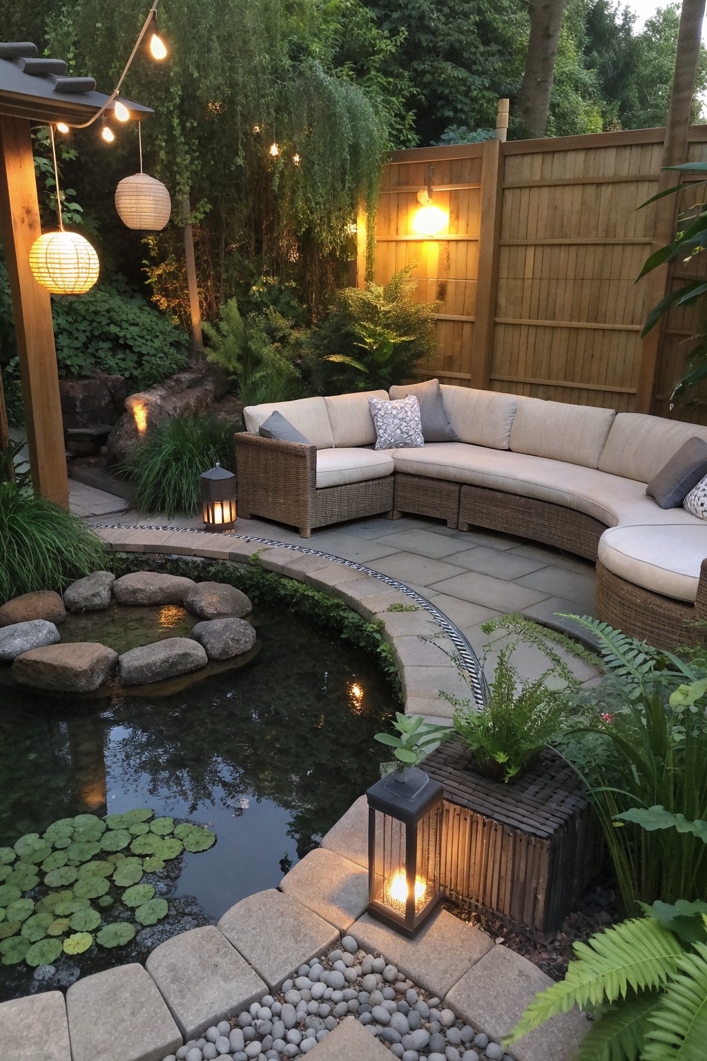 A large curved outdoor sectional sofa with beige cushions sits on a stone patio beside a small pond with lily pads, lit by lanterns and string lights at dusk.