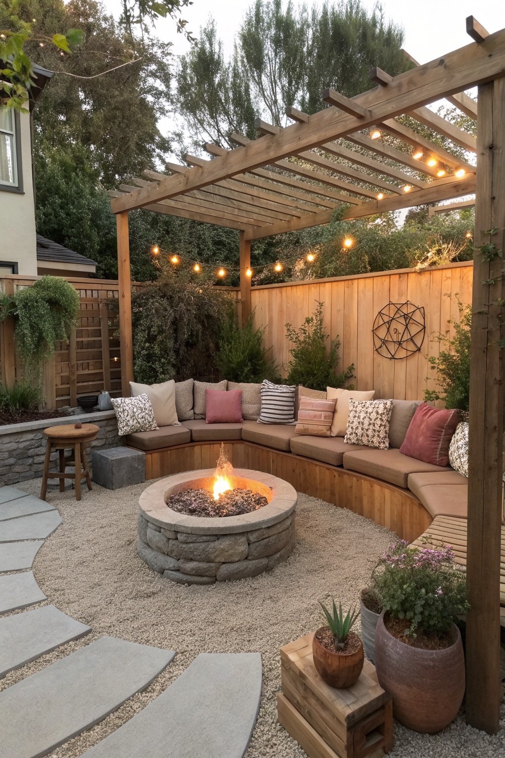 A curved outdoor sectional sofa with cushions surrounds a round stone fire pit on a gravel patio under a wooden pergola with string lights.