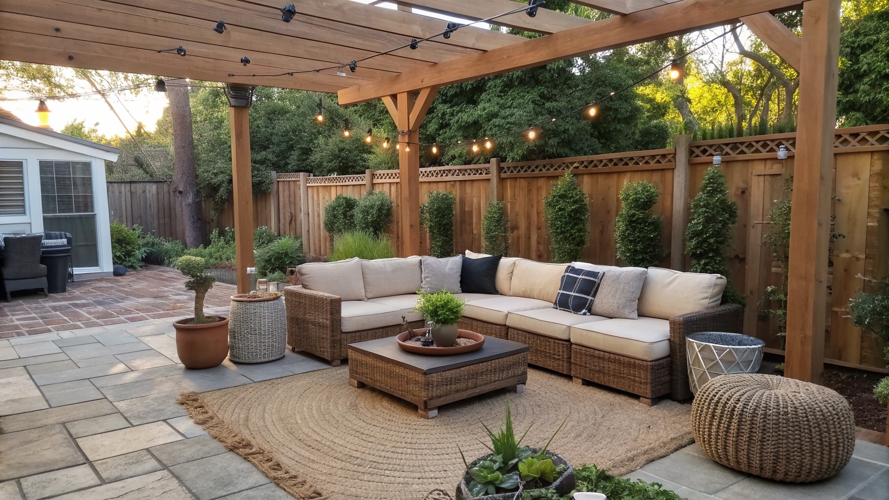 An L-shaped outdoor sectional sofa with beige cushions sits on a large rug under a wooden pergola strung with lights, next to a wooden coffee table and woven ottoman.