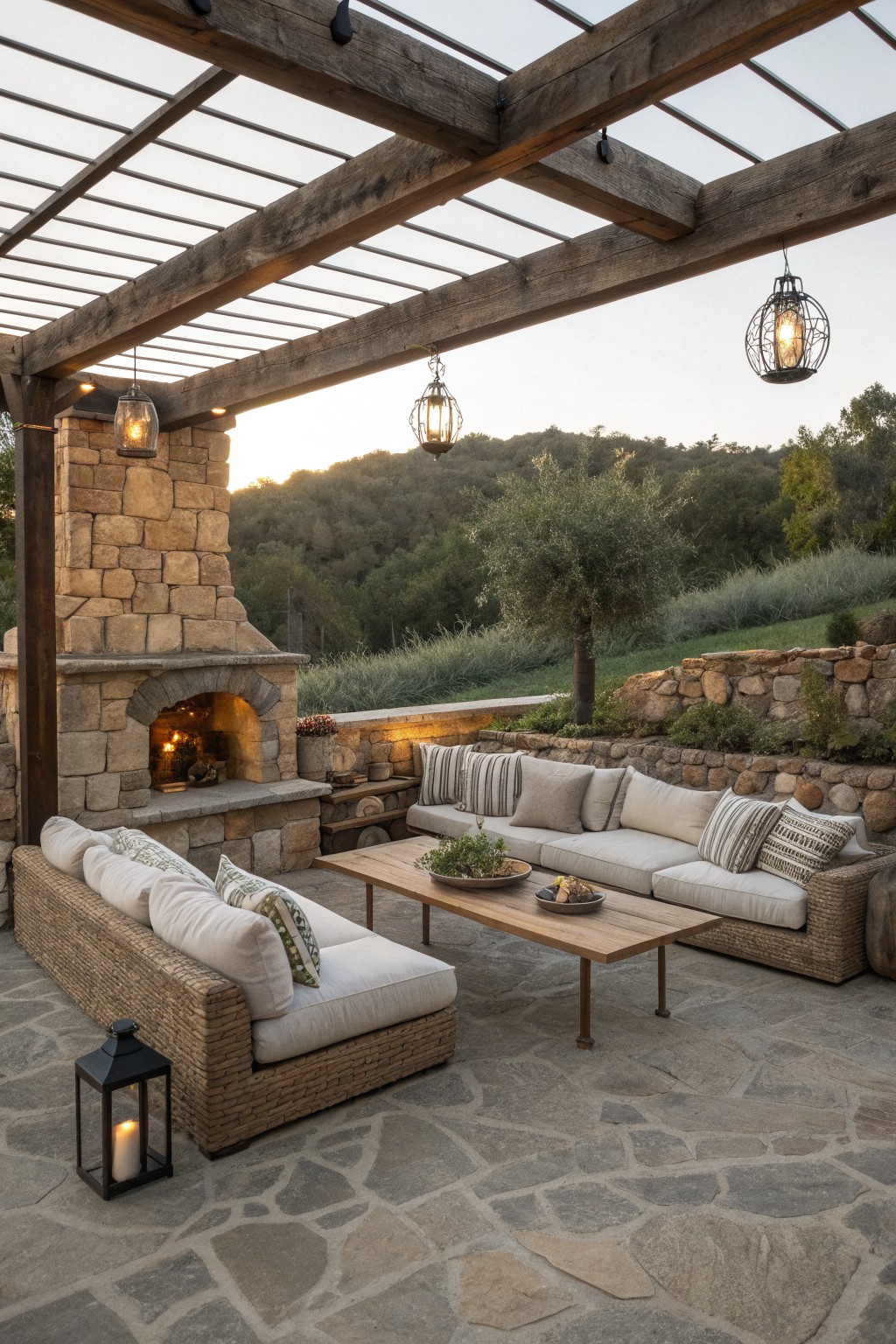 Two large sectional sofas face each other on a stone patio under a wooden pergola, with a central coffee table and a stone fireplace visible on the left.