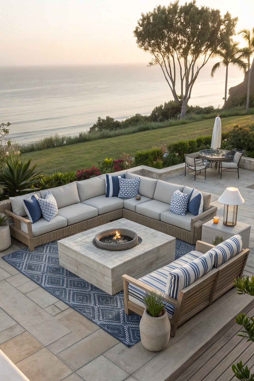 Luxury coastal patio with sectional sofa, fire pit, and ocean sunset view