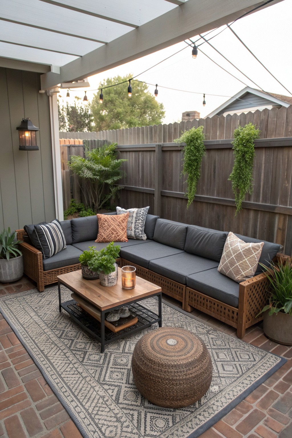 Modern outdoor lounge with gray sectional sofa, coffee table, ottoman on rug under string lights