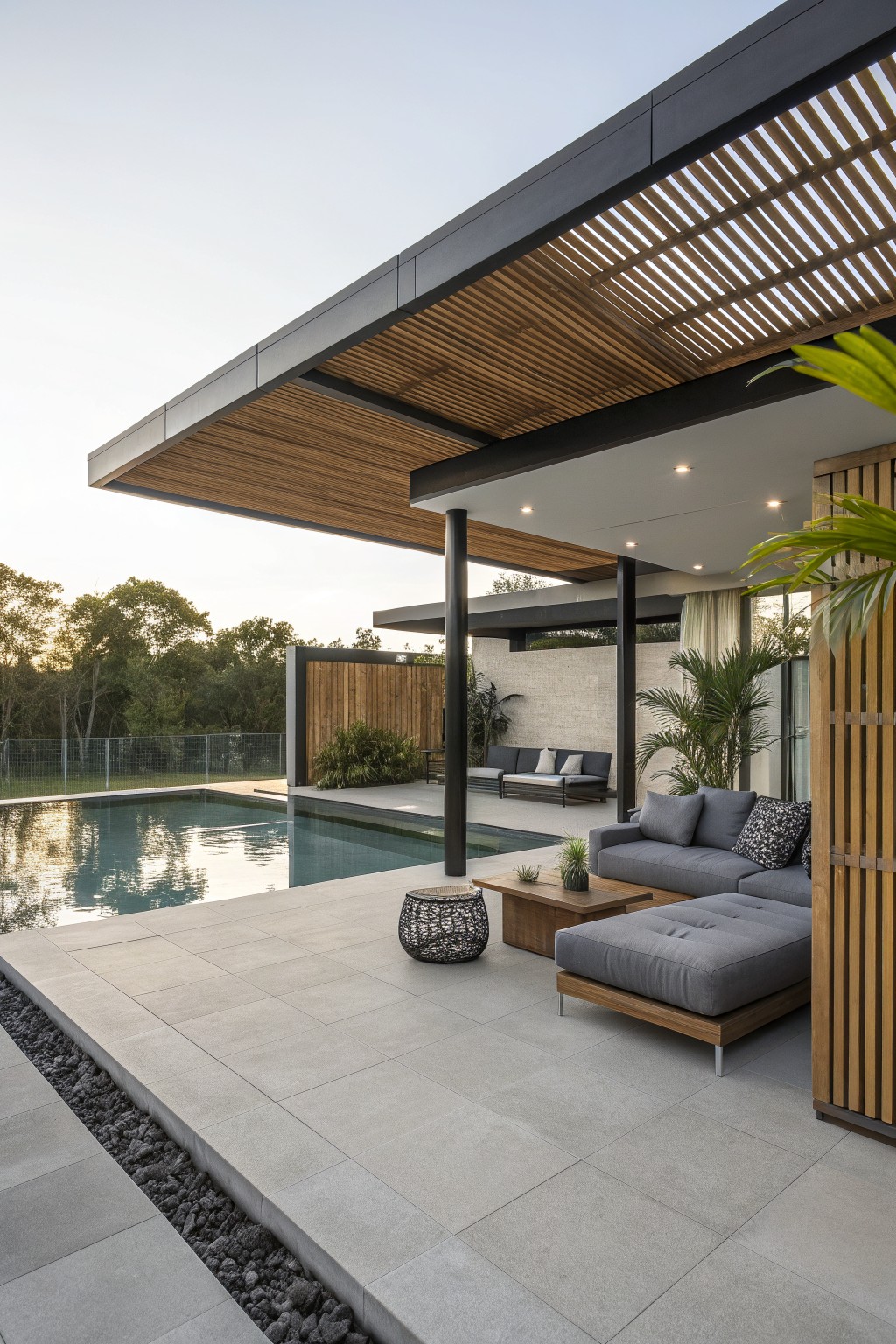 A gray sectional sofa sits on a paved patio under a wooden slatted roof next to a swimming pool.