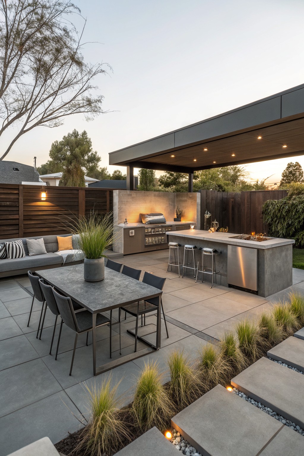 A modern outdoor patio with a gray sectional sofa against a wooden fence, an outdoor kitchen and bar, a dining table with chairs, and concrete pavers with grass plantings.