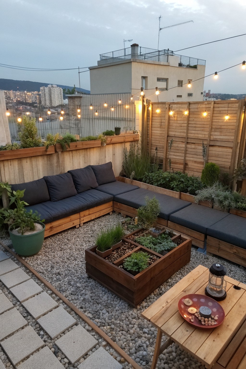 A rooftop patio features an L-shaped sectional sofa set into a wooden frame around a central planter box, with gravel ground cover, string lights, and a small wooden table in the foreground.