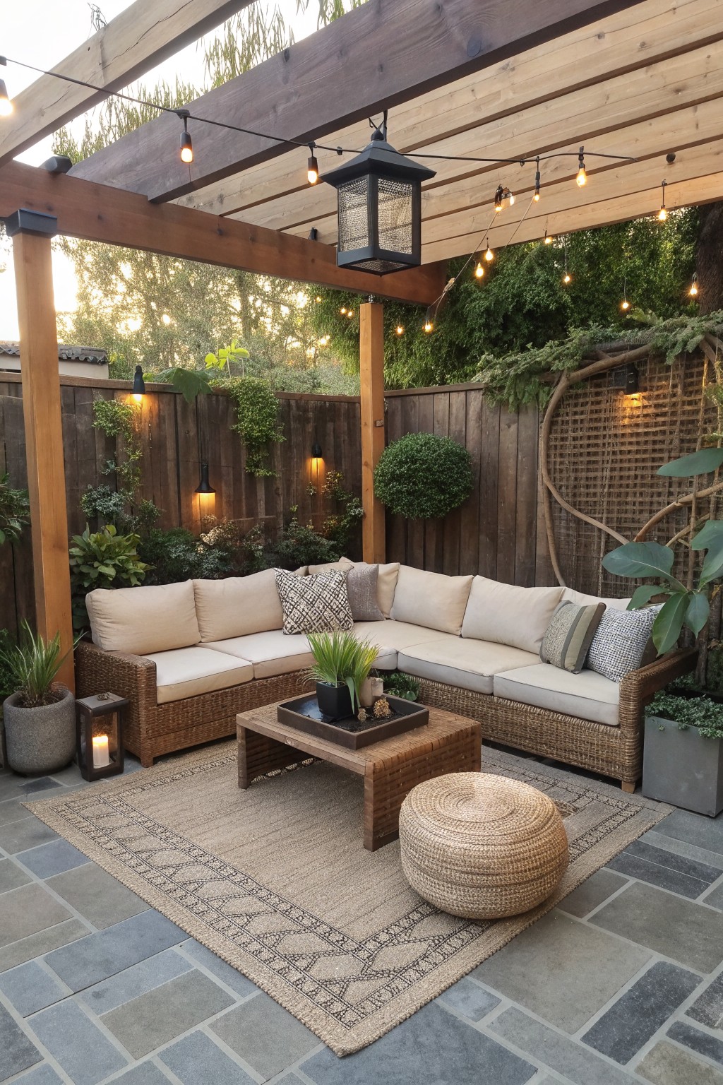 An L-shaped outdoor sectional sofa with beige cushions sits on a large rug under a wooden pergola strung with lights, next to a wooden coffee table and woven ottoman.
