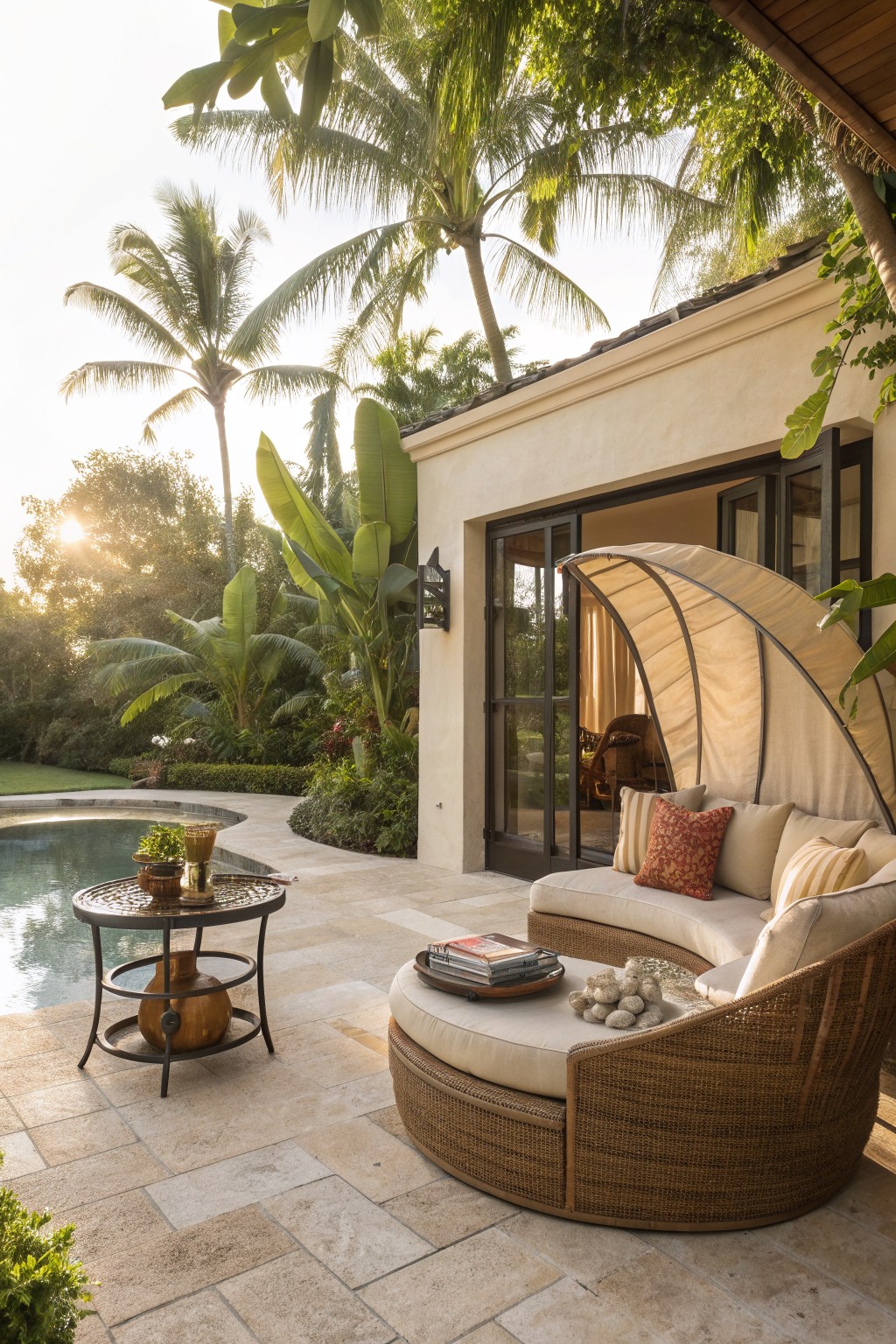 A round wicker sectional sofa with beige cushions and a fabric canopy sits on a stone patio beside a swimming pool, surrounded by tropical plants and palm trees.
