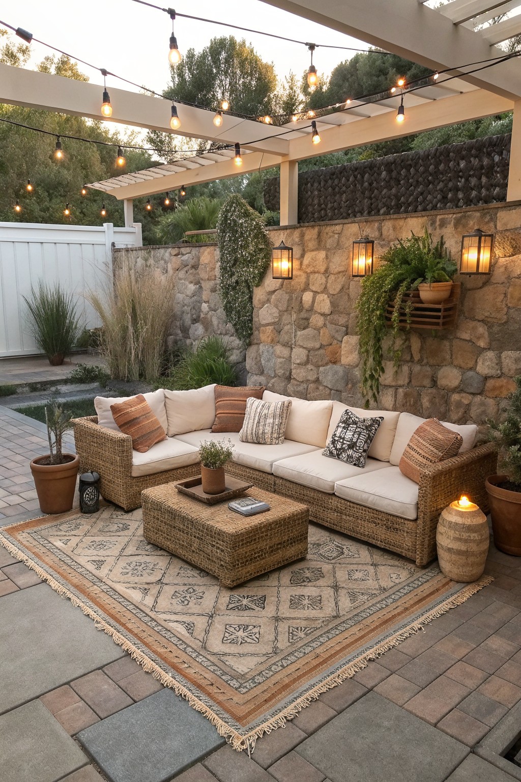 A large wicker sectional sofa with cushions sits on a patterned outdoor rug under a pergola with string lights on a paved patio.