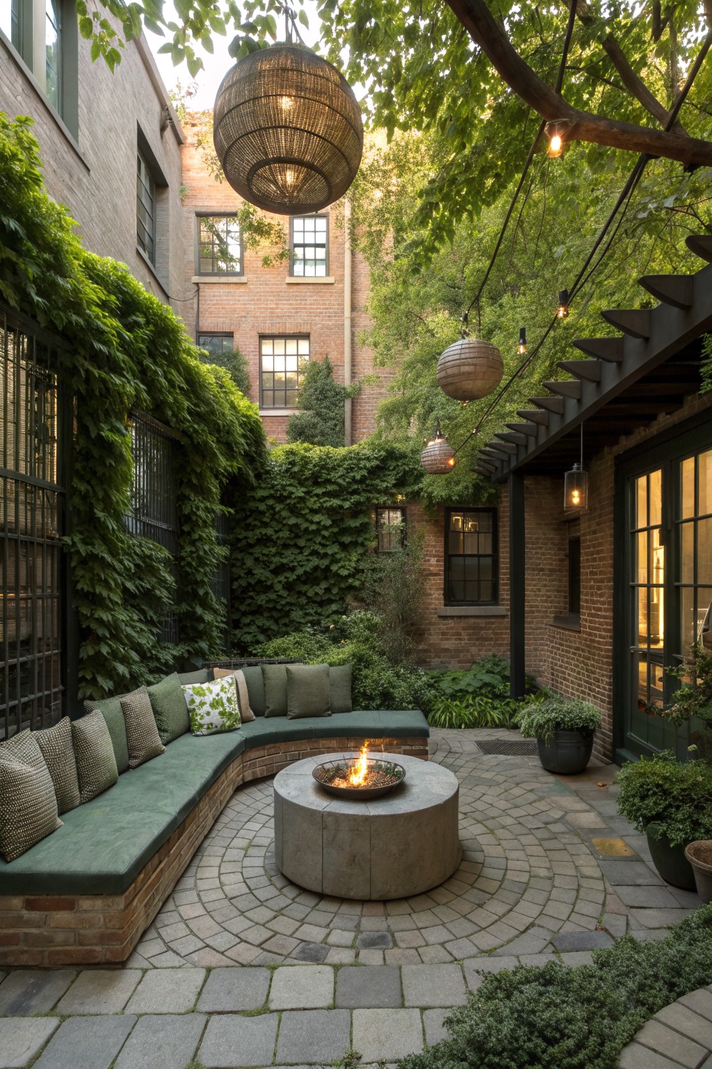 A brick courtyard with a curved built-in sectional sofa in green fabric surrounding a round concrete fire pit on a stone paver patio.