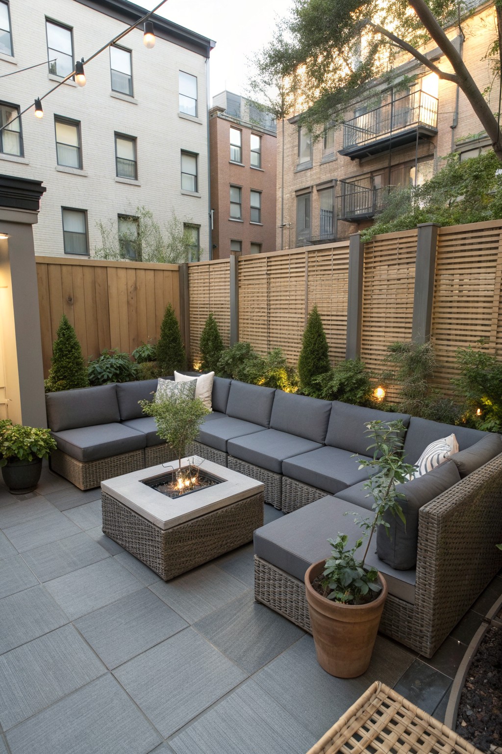 A gray woven sectional sofa curves around a square fire pit table on a stone patio, with wooden fencing and potted plants in the background.