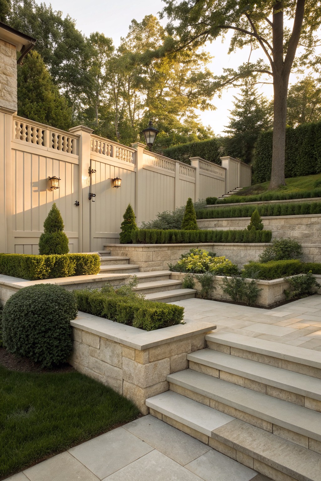 Stone steps and patio with beige fence, lanterns, shrubs, and trees.