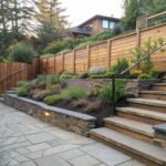 A stone path runs beside tiered wooden retaining walls and stairs on a sloped yard with landscaping and a house above.