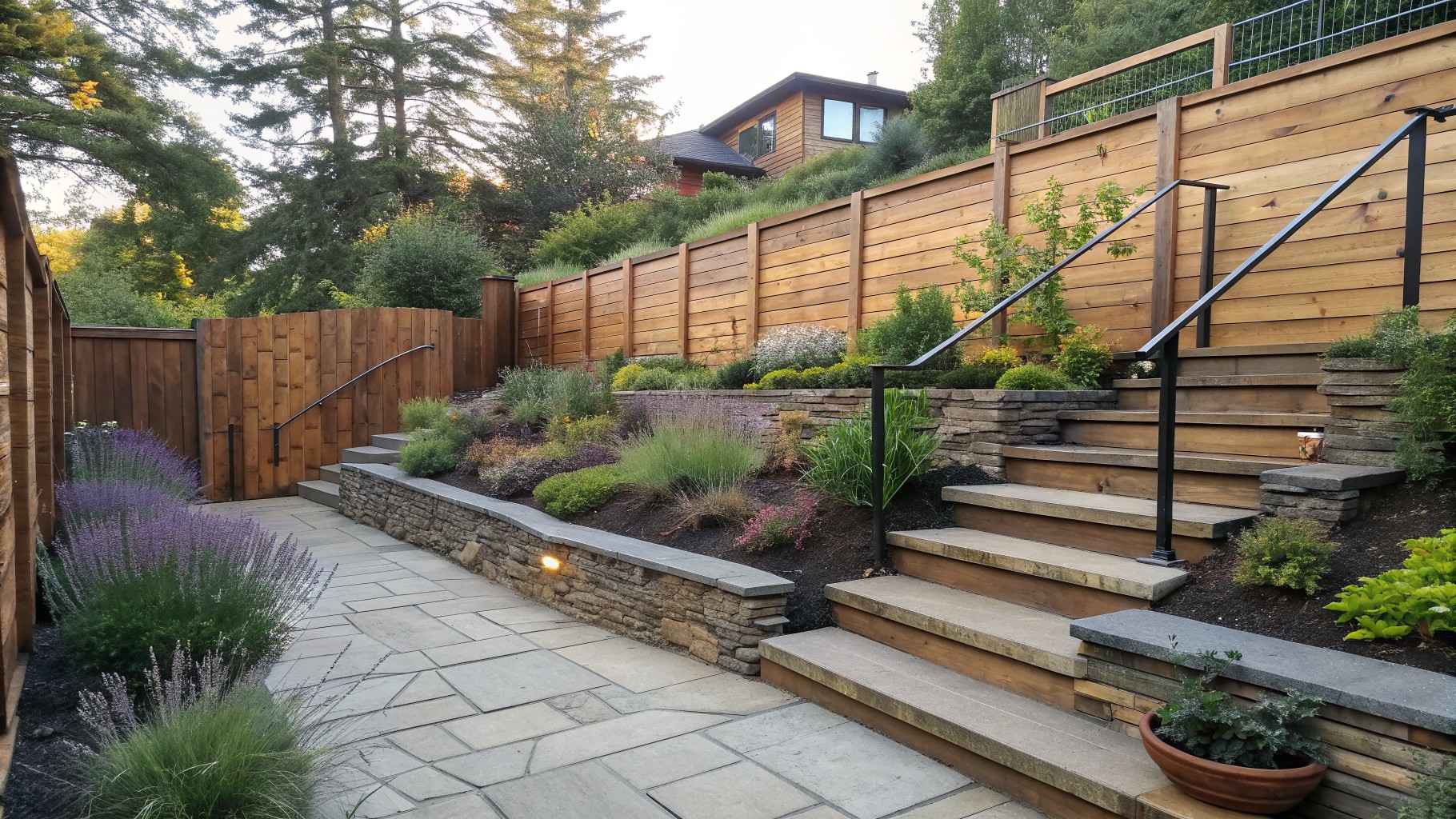 A stone path runs beside tiered wooden retaining walls and stairs on a sloped yard with landscaping and a house above.