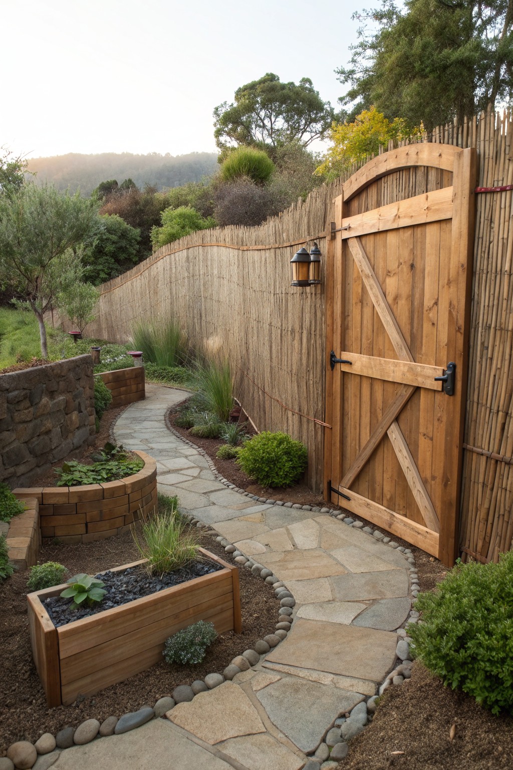 A curving reed privacy fence runs along a sloped garden with a winding stone path and an open wooden gate.