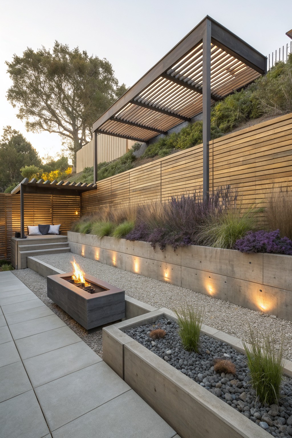 Modern patio with fire pit, concrete planters, gravel beds, wooden pergola, and retaining wall.