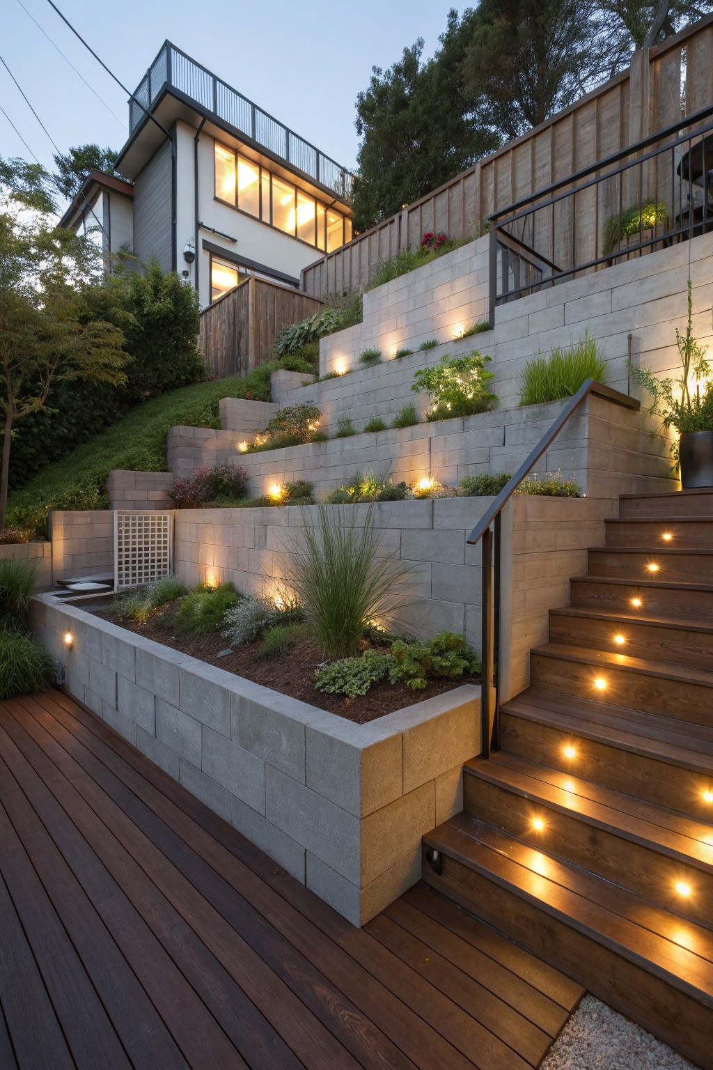 A hillside home with tiered concrete retaining walls, wooden privacy fencing along the upper level, lit wooden stairs, and layered plantings in the beds.
