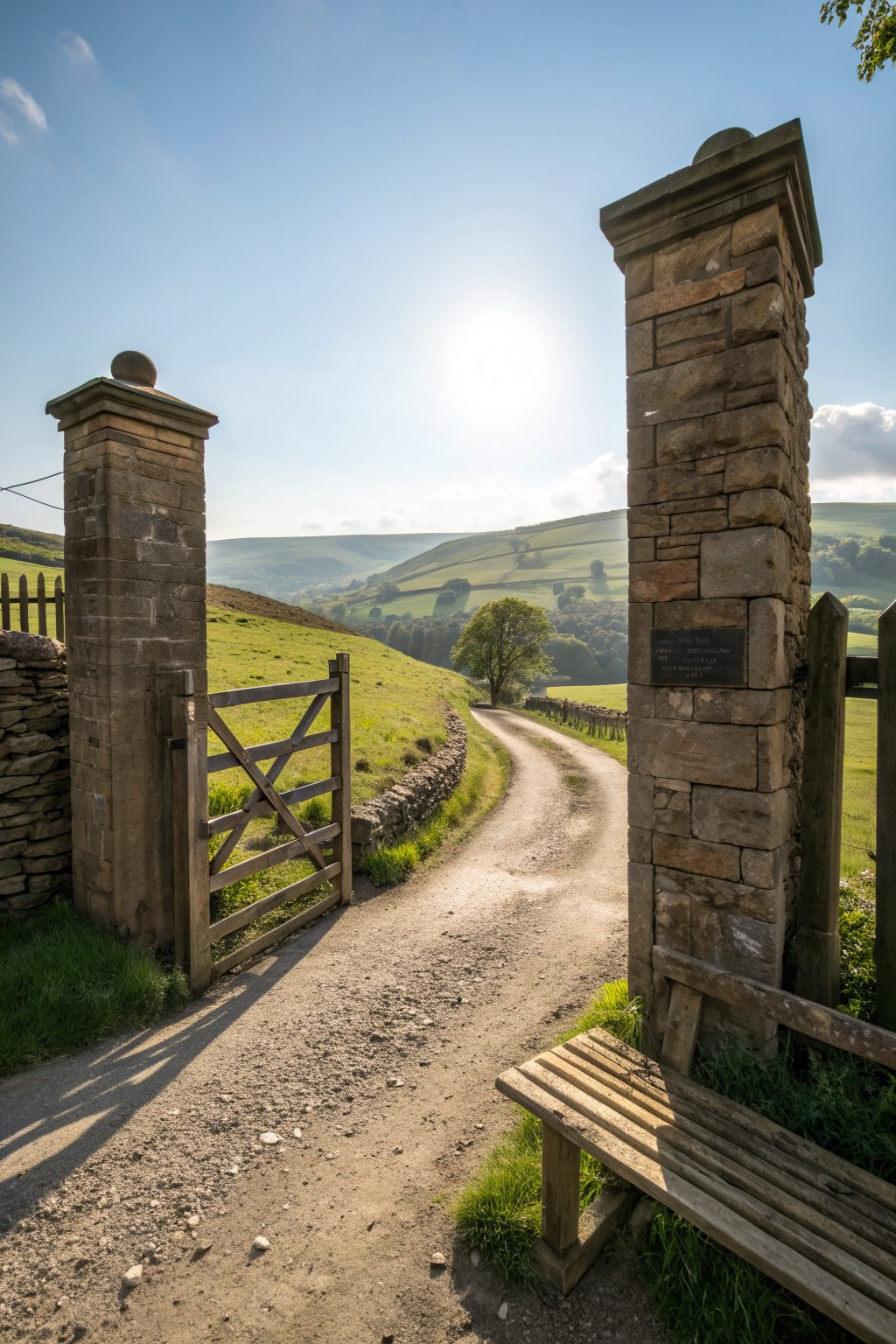 A wooden gate set between two tall stone pillars opens to a winding dirt path through rolling green hills.