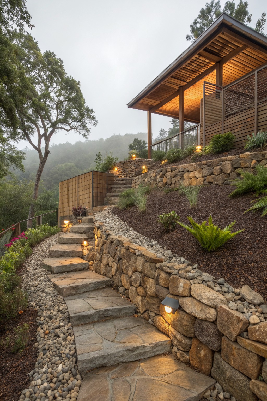 Stone retaining walls and steps lead up a sloped yard to a modern wooden house with integrated landscaping and a wood privacy screen.