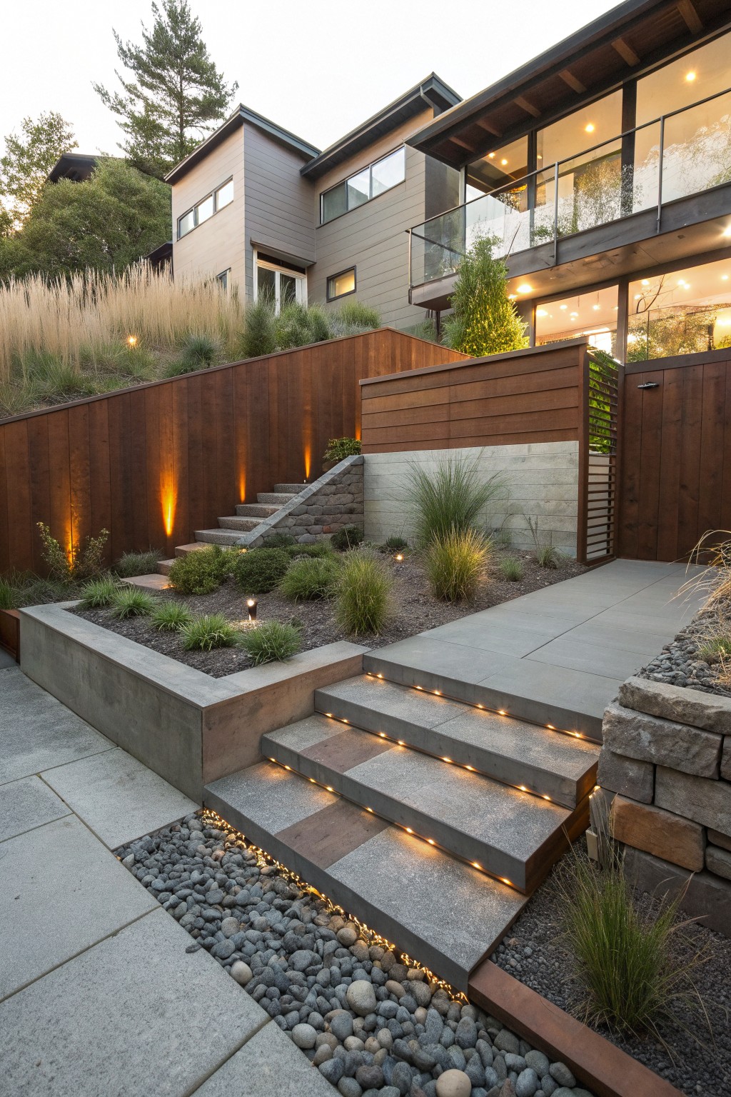 Modern house exterior on a slope with horizontal wood privacy fencing mounted on retaining walls, concrete stairs with lighting, and gravel landscaping.