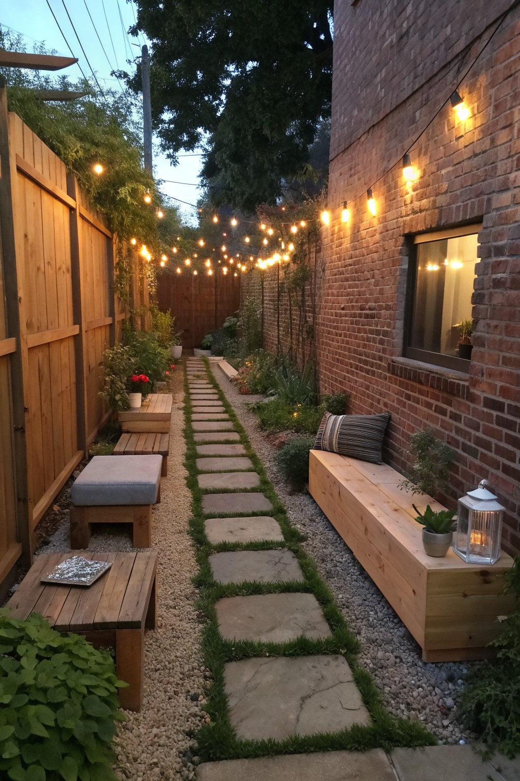 Narrow outdoor pathway lined with wooden benches on both sides, featuring stone stepping stones, gravel, and string lights.