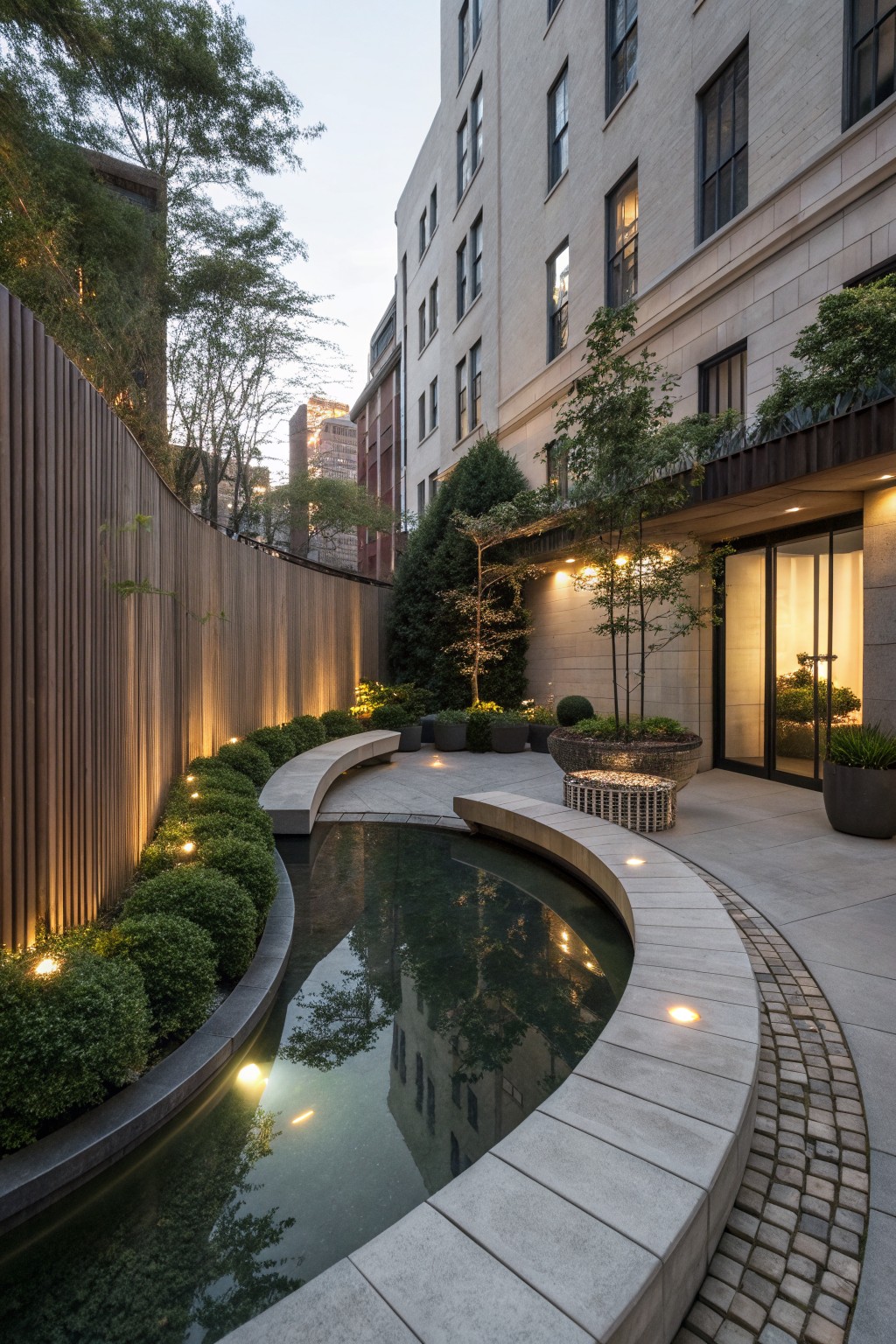 Modern courtyard pond with curved concrete edges, lush plants, and glowing evening lights reflecting in water