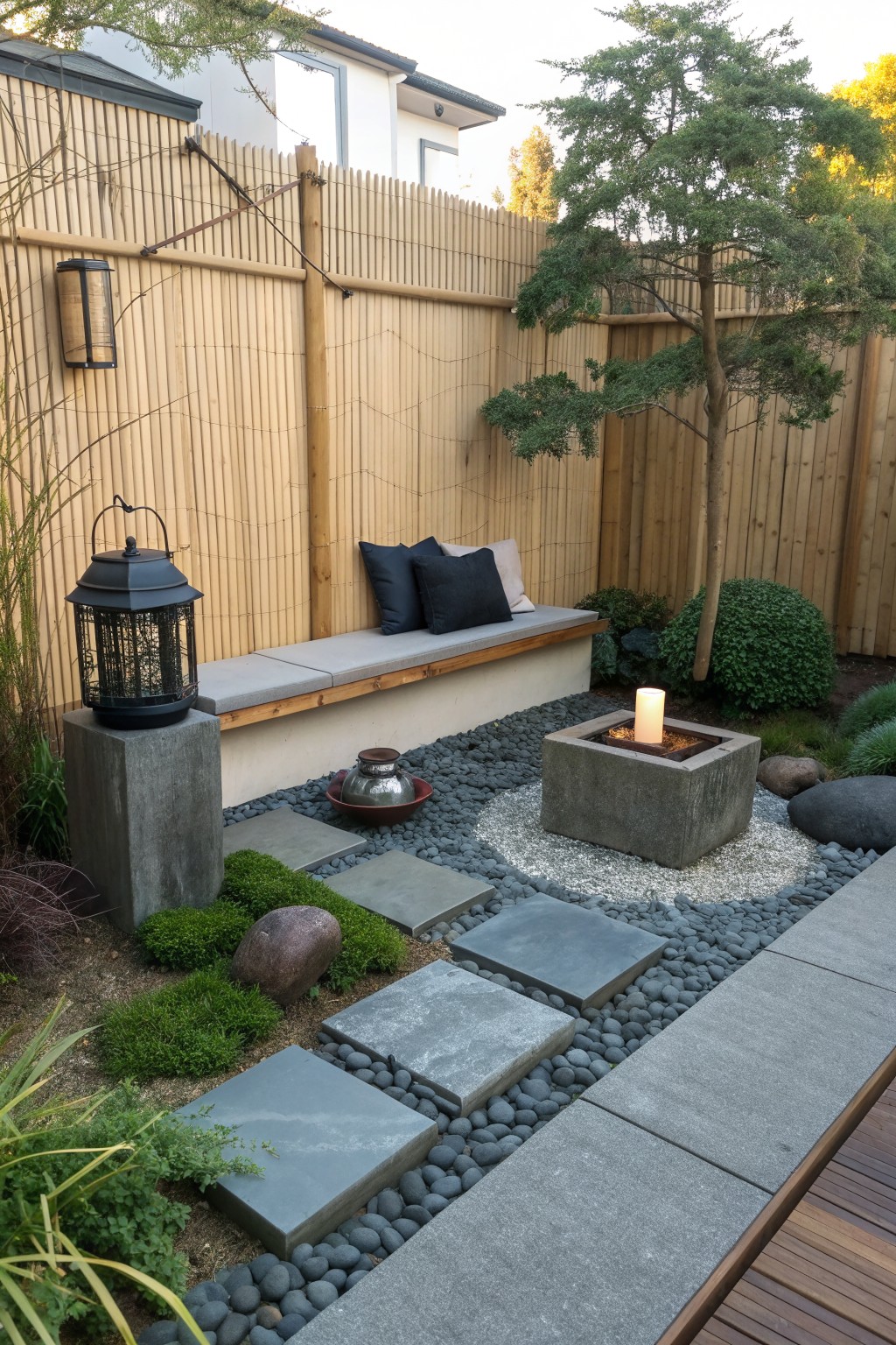 Backyard scene with a long cushioned bench against a bamboo fence, a square concrete fire pit, gray stepping stones on gravel, and surrounding shrubs.