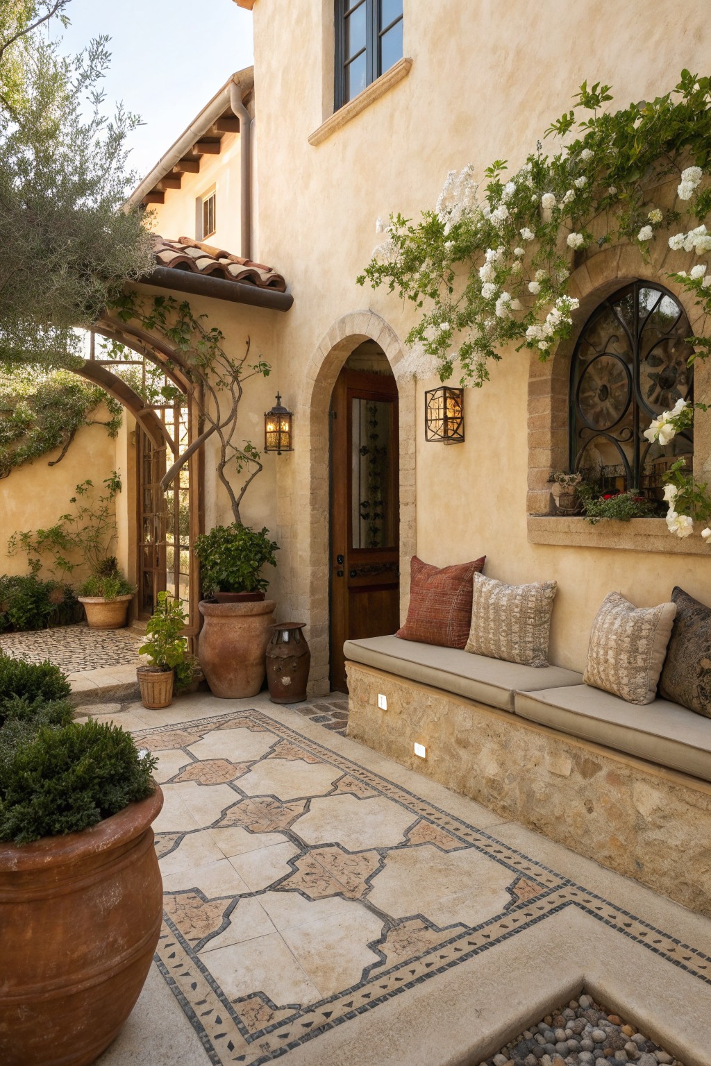 A stone bench with beige cushions sits against a stucco house wall next to an arched wooden door, with potted plants and a patterned tile patio in view.