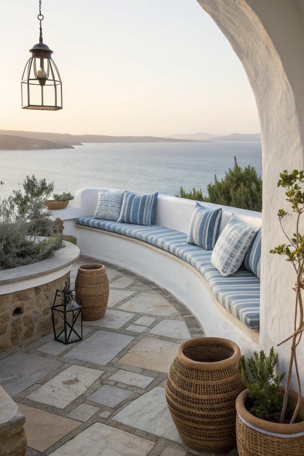 A curved built-in concrete bench with blue striped cushions on a stone patio overlooks the sea, with woven baskets and potted plants nearby.