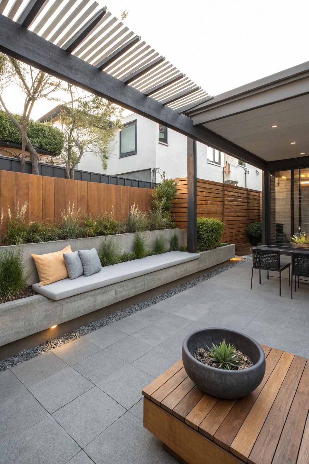 A long concrete bench with cushions is built into a raised planter bed filled with grasses and shrubs, next to a paved patio with a wooden table and chairs under a pergola.