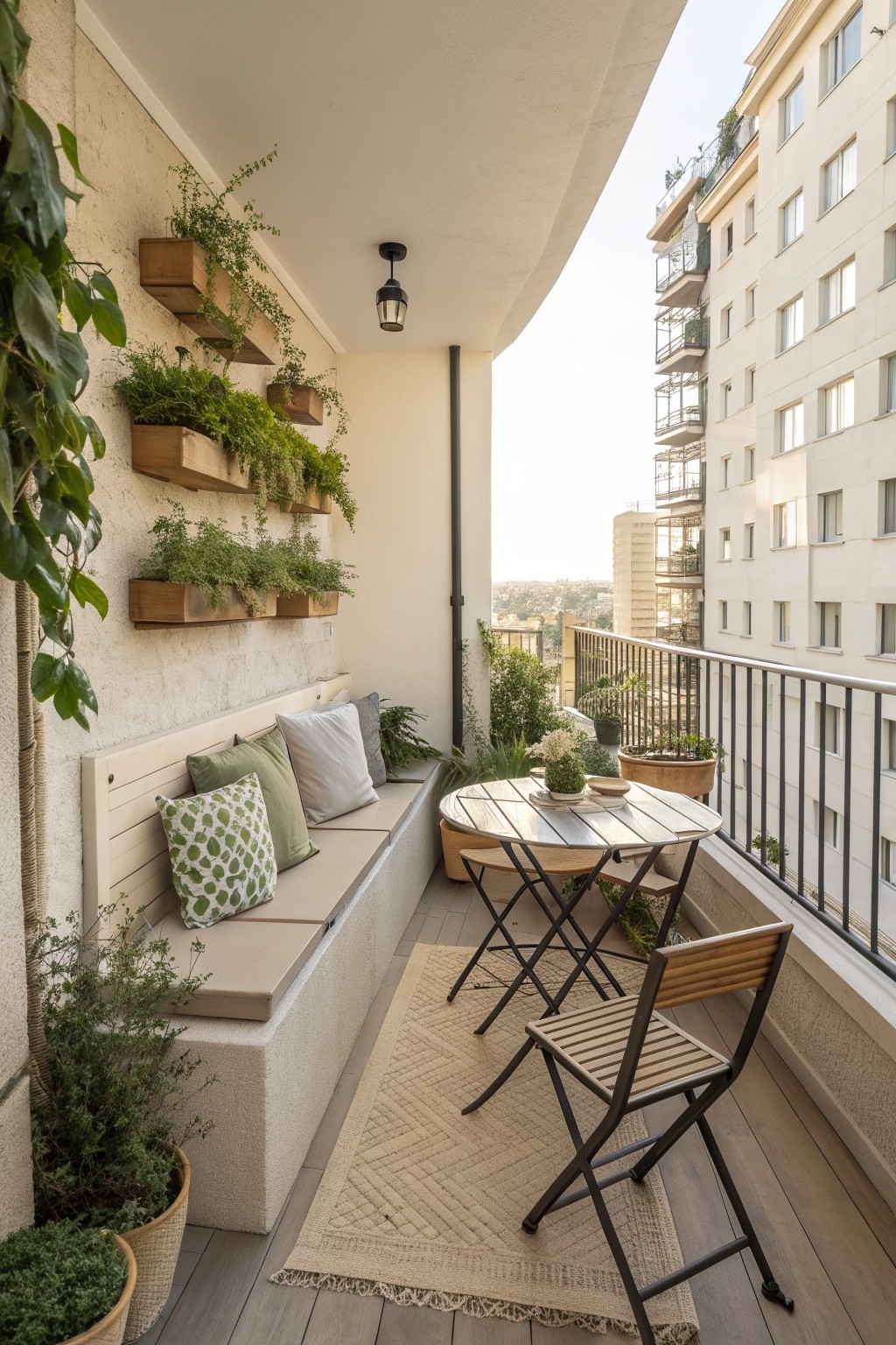A narrow balcony with a built-in concrete bench topped with cushions, a round table with folding chairs on a rug, and wooden wall planters filled with greenery.