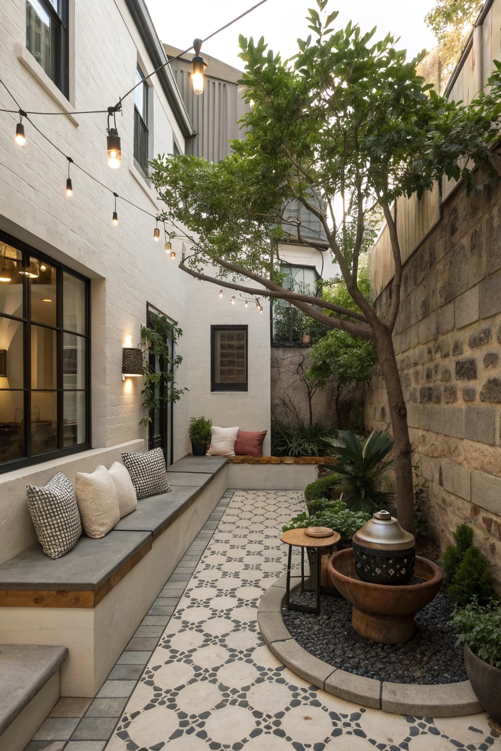 A narrow courtyard with a long built-in concrete bench topped with gray cushions and patterned pillows, set against white brick walls with string lights overhead.