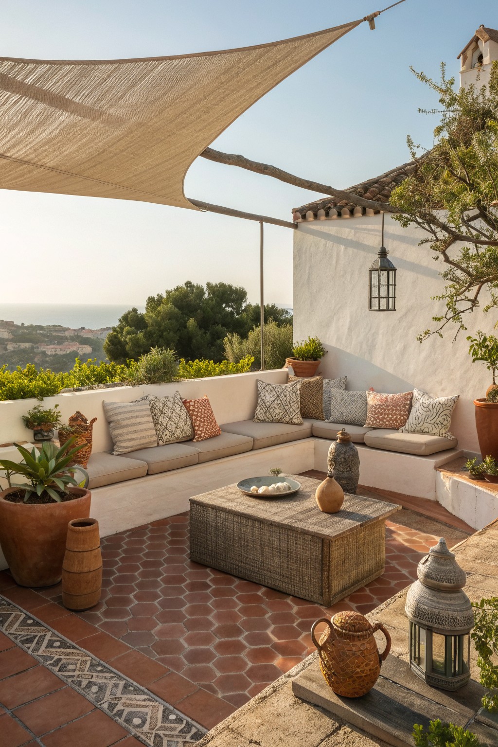 A patio terrace with built-in cushioned seating along white walls, a woven coffee table in the center, terracotta tile flooring, and a large beige shade sail overhead.