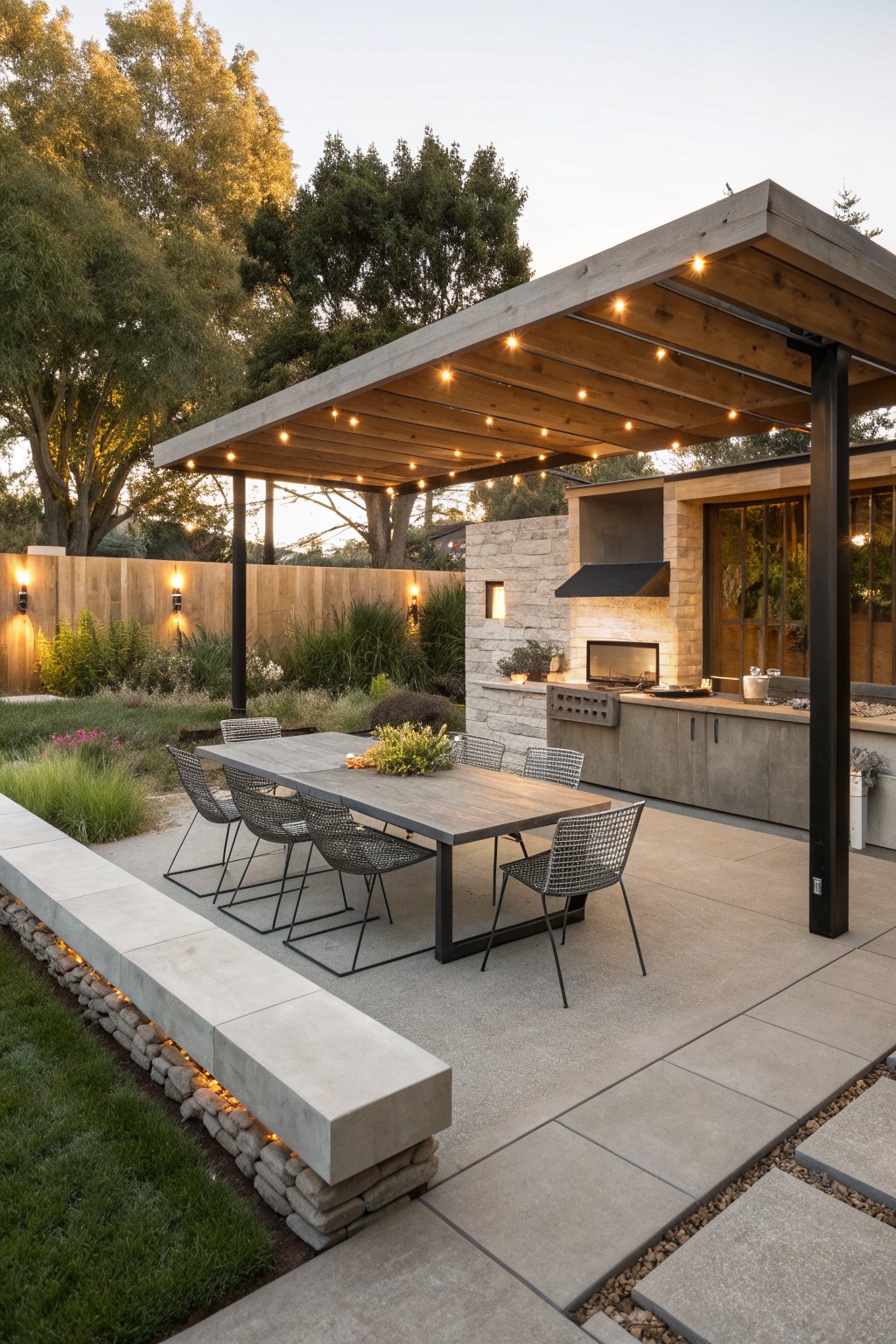 A modern outdoor patio features a long dining table under a wooden pergola with string lights, wire chairs, an outdoor kitchen with stone accents, and a concrete bench with base lighting edging the space next to grass and plants.