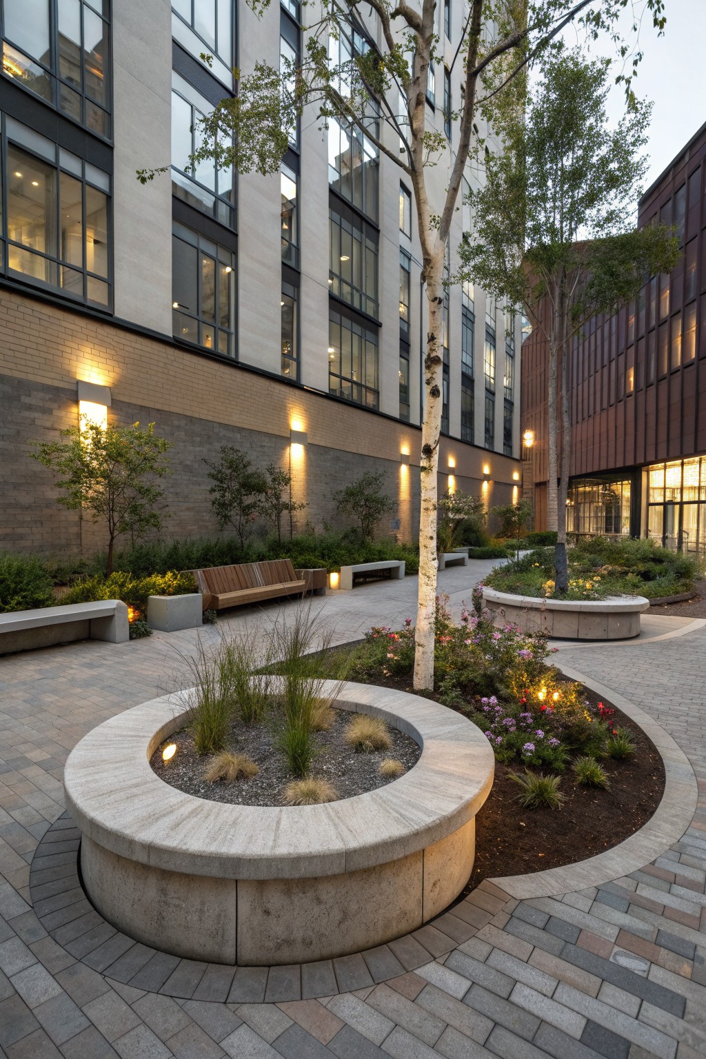 A modern courtyard features a large circular concrete planter in the foreground, several rectangular concrete benches, a wooden bench, trees, and flowering beds set against multi-story buildings with large windows.