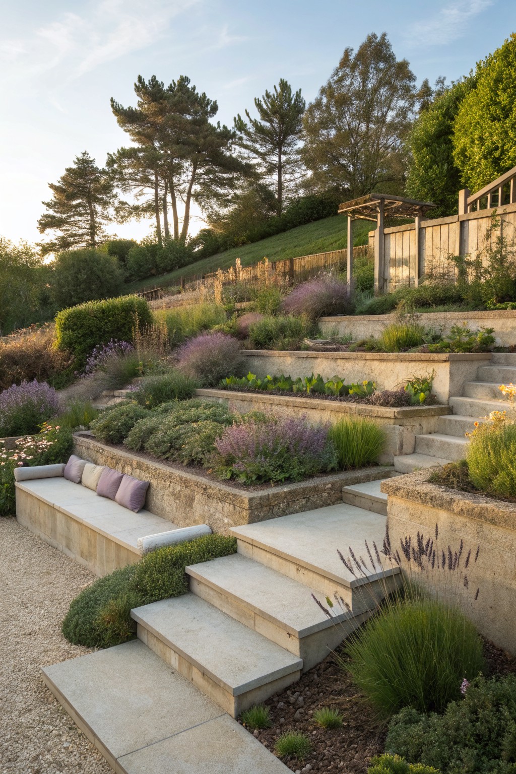 A hillside garden with multiple concrete terraces, a long built-in bench with cushions, wide steps, and layered planting beds.