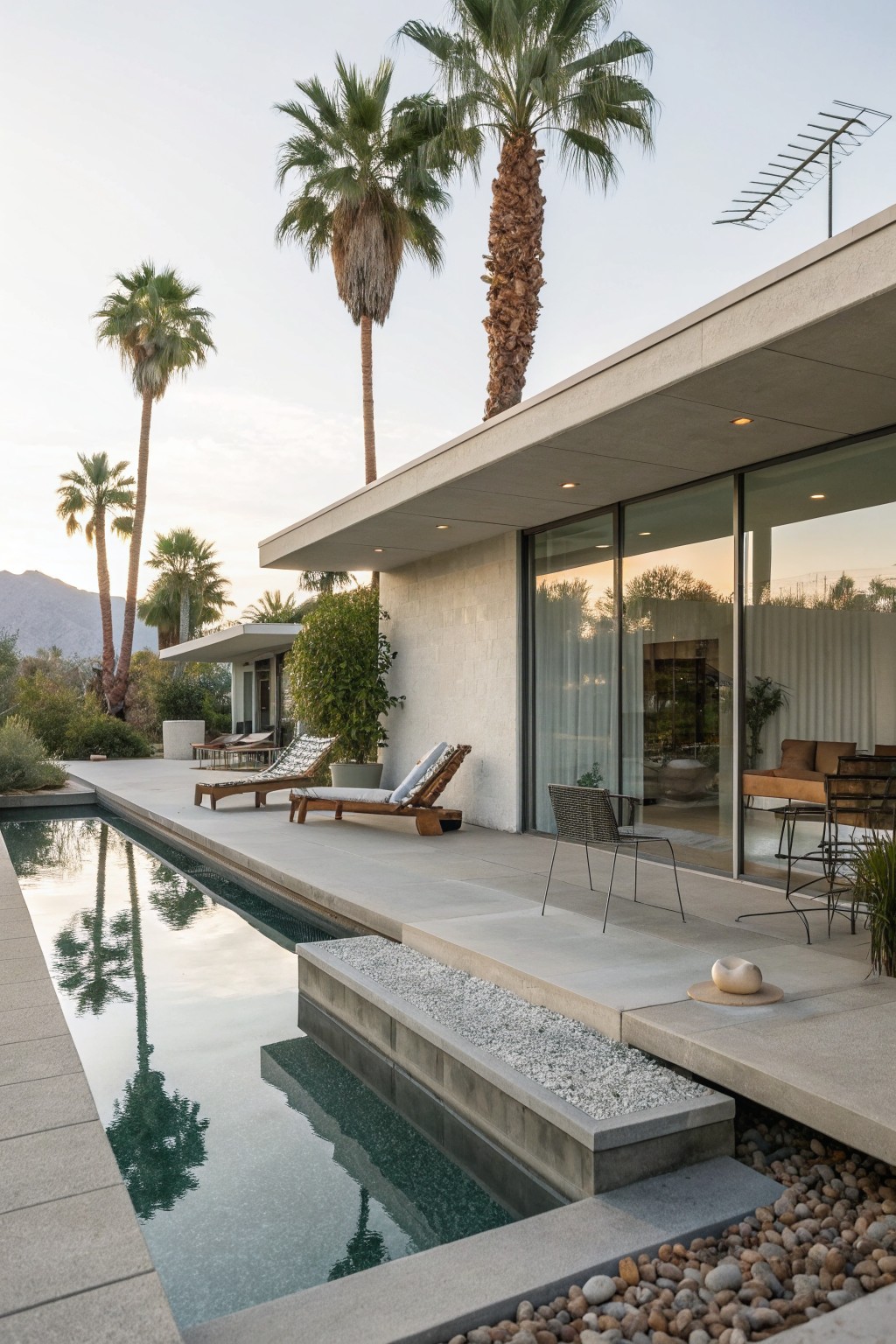 A modern concrete house with a long rectangular pool, lounge chairs on the patio, palm trees in the background, and integrated concrete seating ledges with gravel along the pool edge.