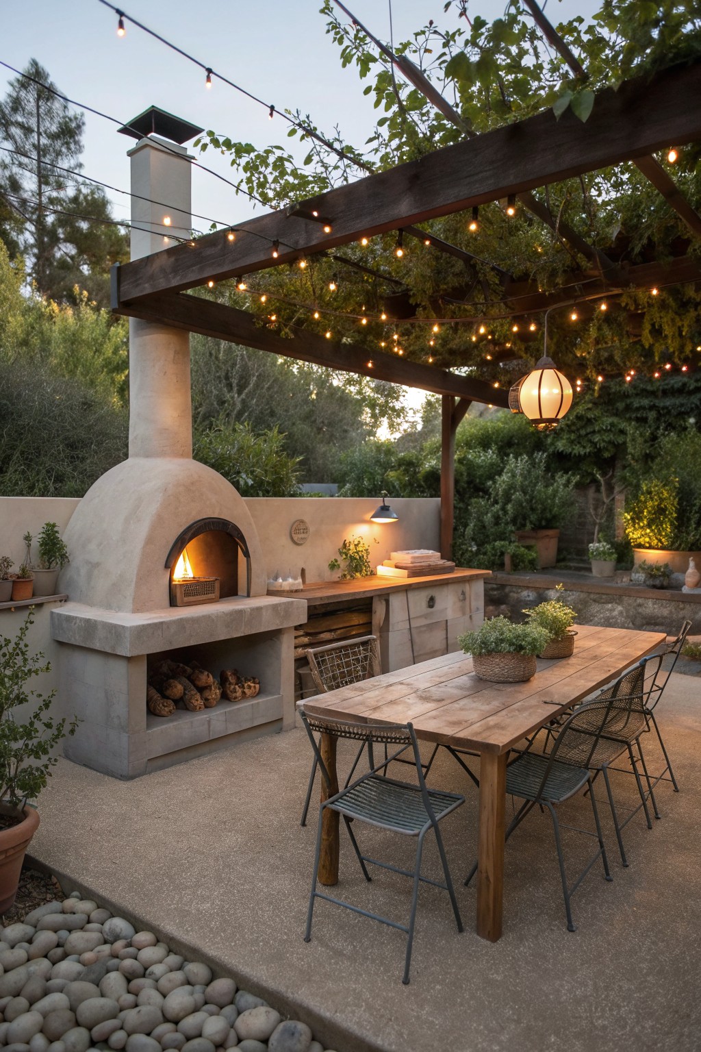 A concrete pizza oven structure with wood storage below sits next to a wooden dining table and metal chairs on a gravel patio under string lights.