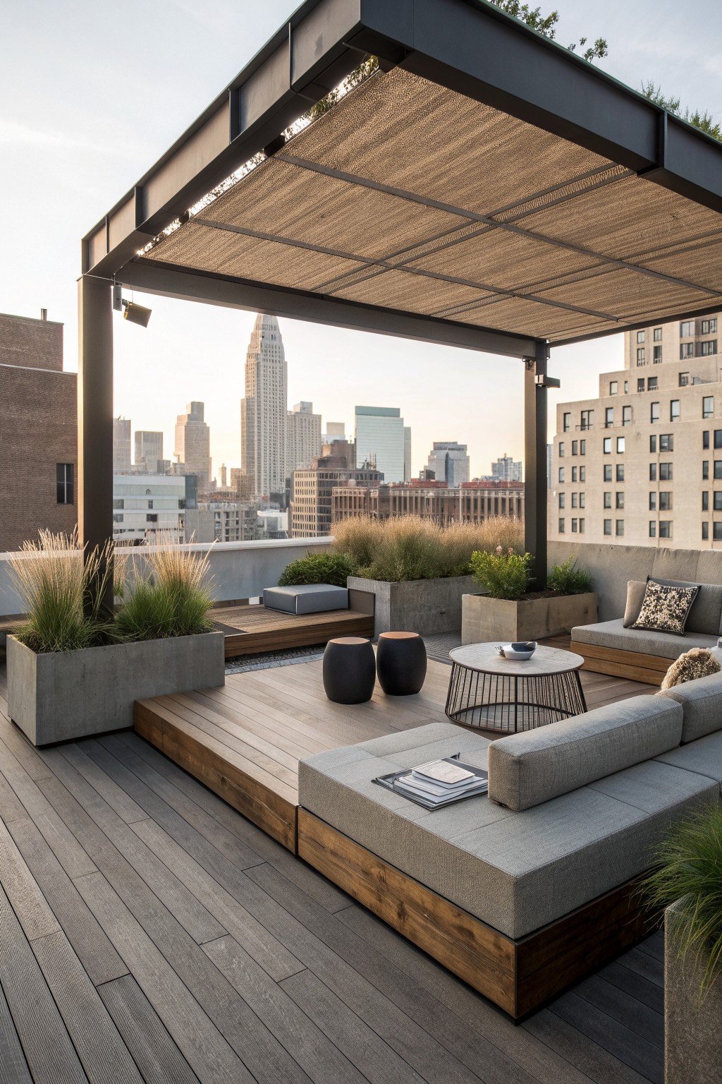 Rooftop terrace with gray upholstered seating on a wooden platform, concrete planters holding tall grasses, two black stools, and a round metal table under a dark pergola.