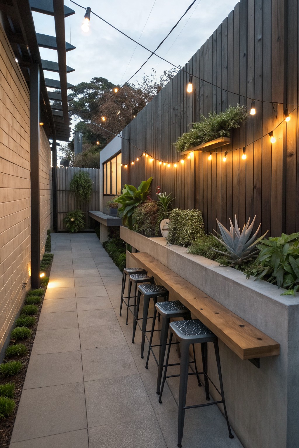 A narrow outdoor walkway with a long concrete bench topped by a wooden seat, metal stools underneath, string lights overhead, and plants growing along the bench and wooden fence.