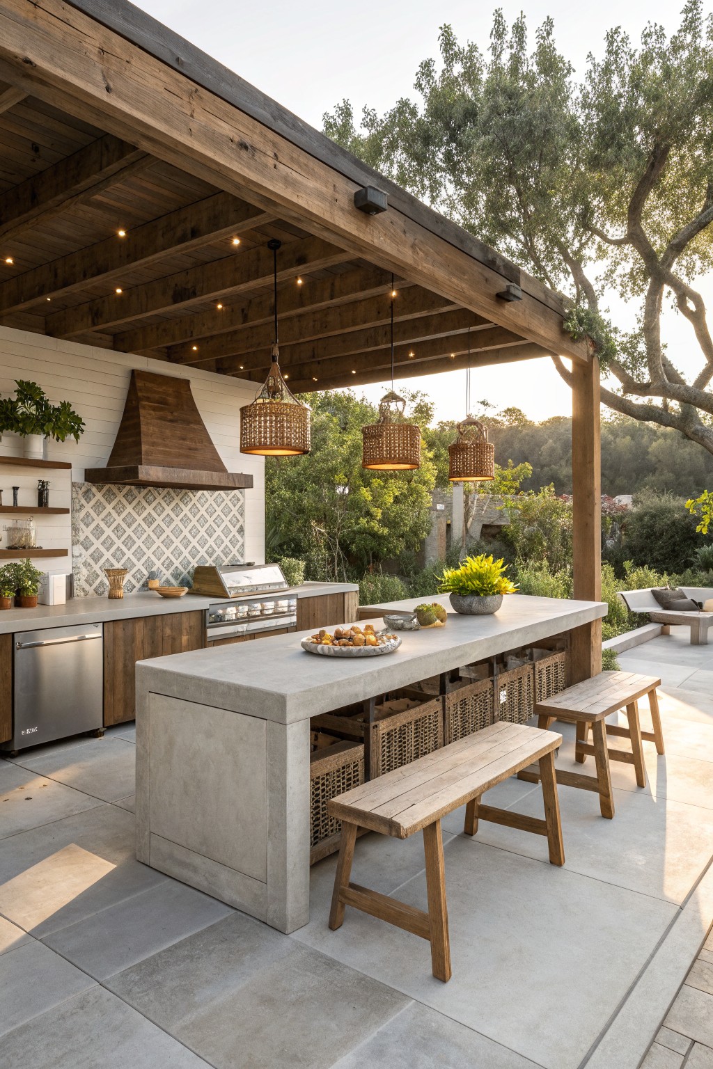 Outdoor kitchen with concrete island, wooden benches, and woven pendant lights under pergola