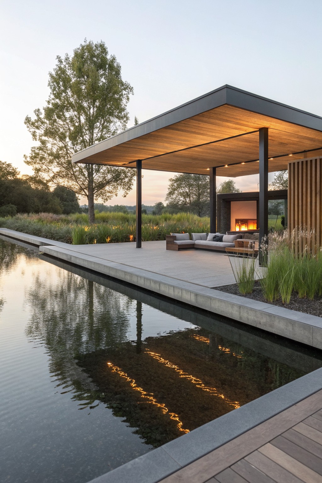 A modern covered outdoor lounge with sectional seating and a fireplace on a concrete platform extending over a still pond at dusk.