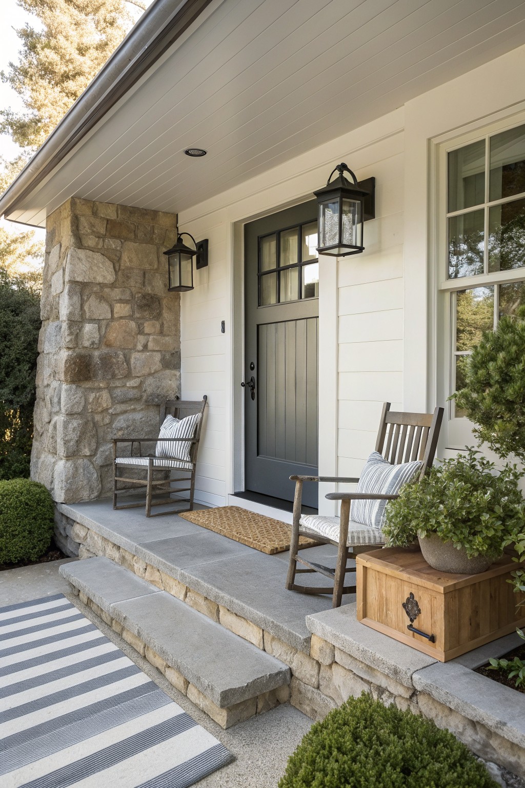 Front porch with concrete floor and steps, two wooden rocking chairs, stone wall accents, and a dark gray door on a white house.